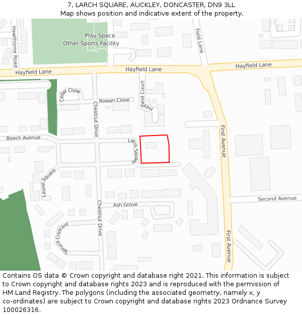 7, LARCH SQUARE, AUCKLEY, DONCASTER, DN9 3LL: Location map and indicative extent of plot