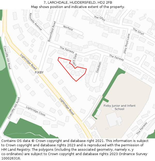 7, LARCHDALE, HUDDERSFIELD, HD2 2FB: Location map and indicative extent of plot