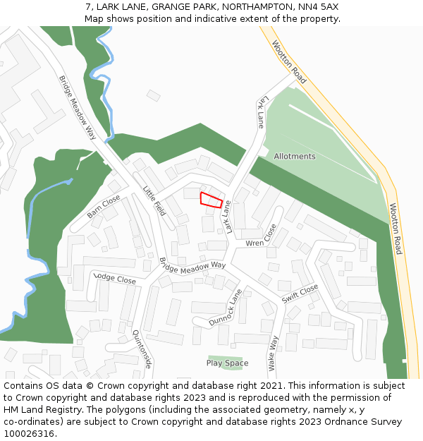 7, LARK LANE, GRANGE PARK, NORTHAMPTON, NN4 5AX: Location map and indicative extent of plot