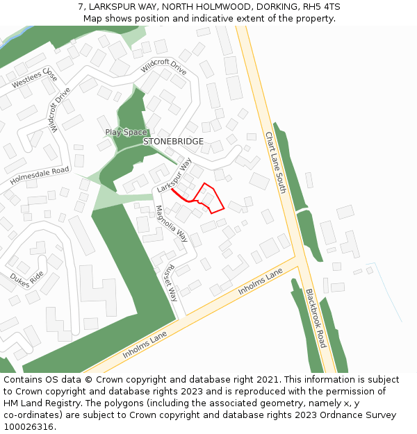 7, LARKSPUR WAY, NORTH HOLMWOOD, DORKING, RH5 4TS: Location map and indicative extent of plot