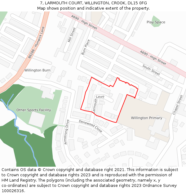 7, LARMOUTH COURT, WILLINGTON, CROOK, DL15 0FG: Location map and indicative extent of plot