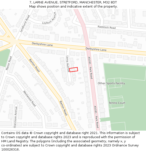 7, LARNE AVENUE, STRETFORD, MANCHESTER, M32 8DT: Location map and indicative extent of plot