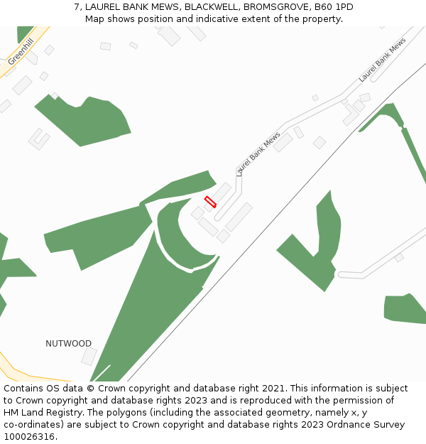 7, LAUREL BANK MEWS, BLACKWELL, BROMSGROVE, B60 1PD: Location map and indicative extent of plot