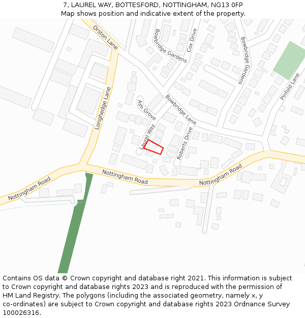 7, LAUREL WAY, BOTTESFORD, NOTTINGHAM, NG13 0FP: Location map and indicative extent of plot