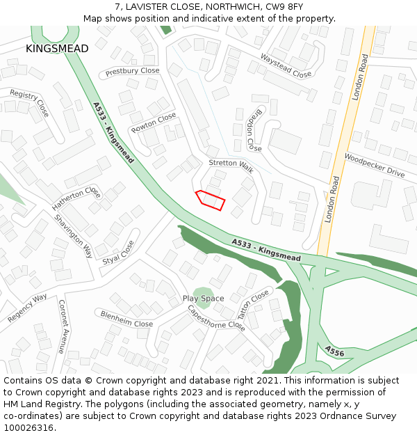 7, LAVISTER CLOSE, NORTHWICH, CW9 8FY: Location map and indicative extent of plot