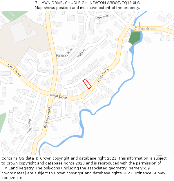 7, LAWN DRIVE, CHUDLEIGH, NEWTON ABBOT, TQ13 0LS: Location map and indicative extent of plot