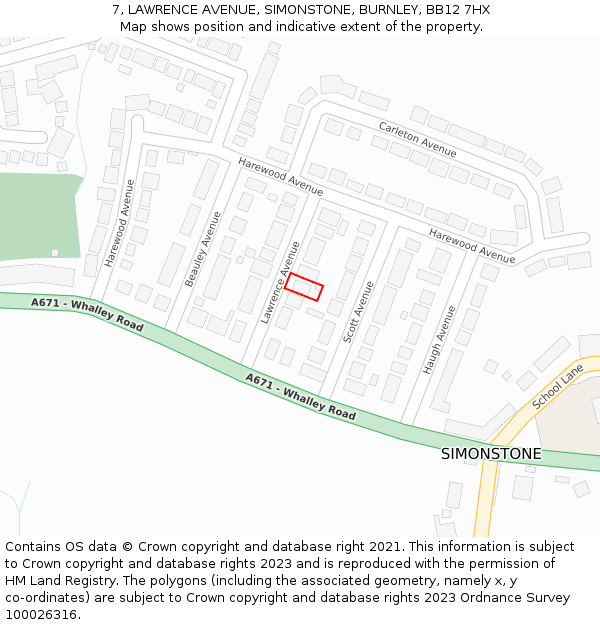 7, LAWRENCE AVENUE, SIMONSTONE, BURNLEY, BB12 7HX: Location map and indicative extent of plot