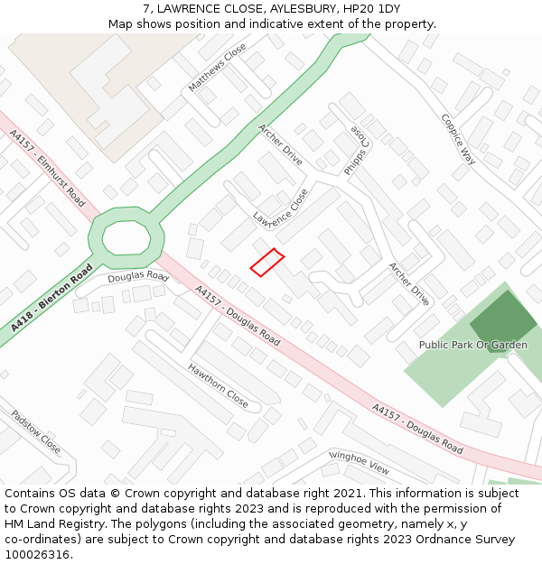 7, LAWRENCE CLOSE, AYLESBURY, HP20 1DY: Location map and indicative extent of plot