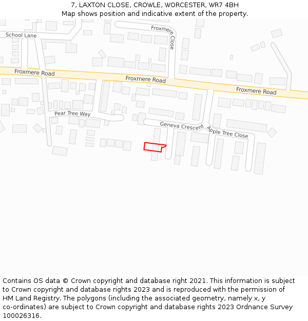 7, LAXTON CLOSE, CROWLE, WORCESTER, WR7 4BH: Location map and indicative extent of plot