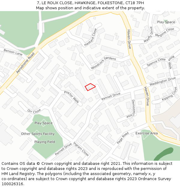 7, LE ROUX CLOSE, HAWKINGE, FOLKESTONE, CT18 7PH: Location map and indicative extent of plot