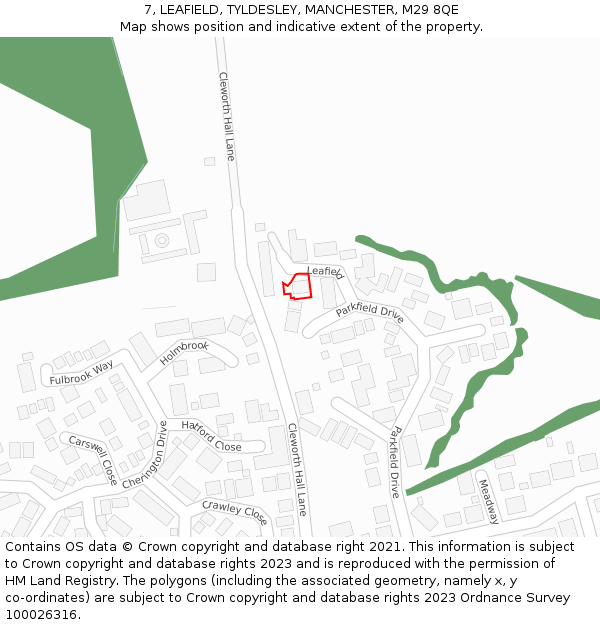 7, LEAFIELD, TYLDESLEY, MANCHESTER, M29 8QE: Location map and indicative extent of plot