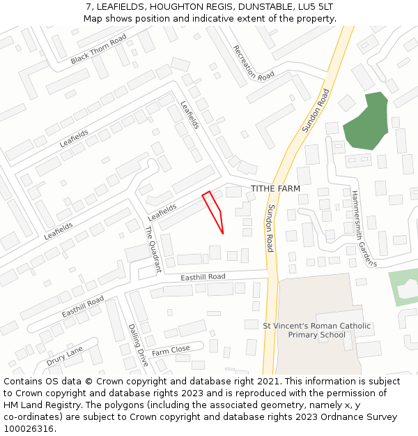 7, LEAFIELDS, HOUGHTON REGIS, DUNSTABLE, LU5 5LT: Location map and indicative extent of plot