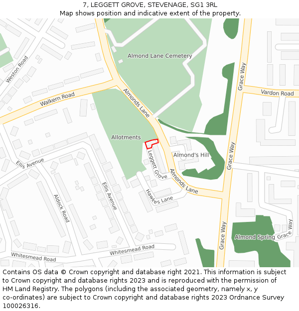 7, LEGGETT GROVE, STEVENAGE, SG1 3RL: Location map and indicative extent of plot