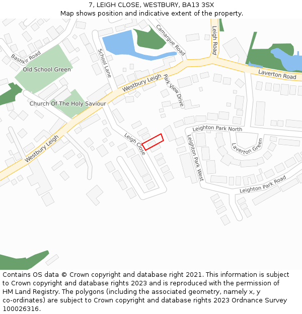 7, LEIGH CLOSE, WESTBURY, BA13 3SX: Location map and indicative extent of plot