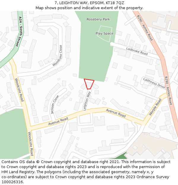 7, LEIGHTON WAY, EPSOM, KT18 7QZ: Location map and indicative extent of plot