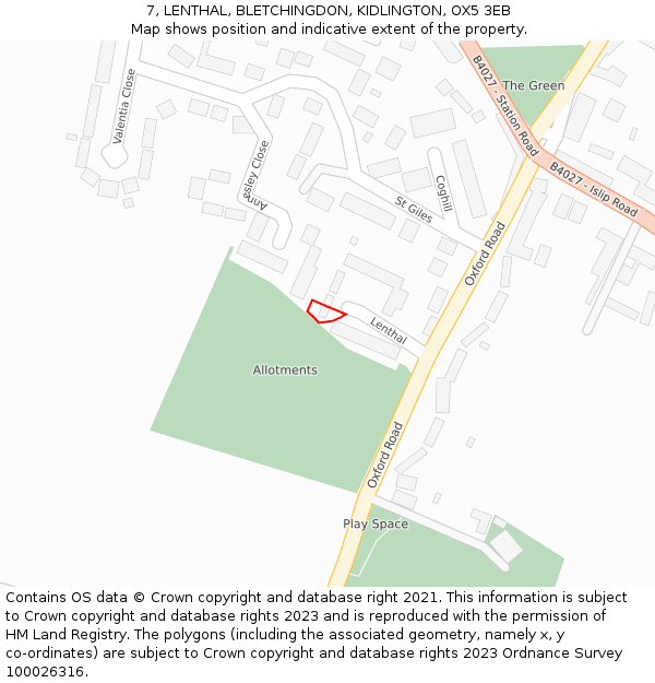 7, LENTHAL, BLETCHINGDON, KIDLINGTON, OX5 3EB: Location map and indicative extent of plot