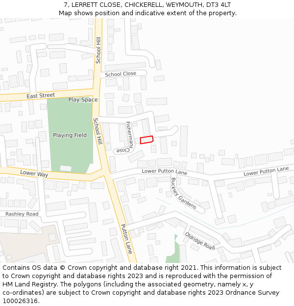 7, LERRETT CLOSE, CHICKERELL, WEYMOUTH, DT3 4LT: Location map and indicative extent of plot