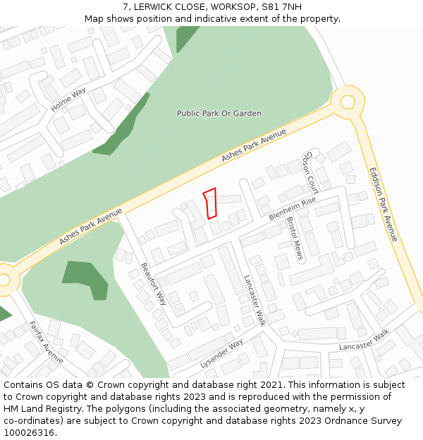 7, LERWICK CLOSE, WORKSOP, S81 7NH: Location map and indicative extent of plot