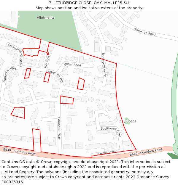 7, LETHBRIDGE CLOSE, OAKHAM, LE15 6UJ: Location map and indicative extent of plot