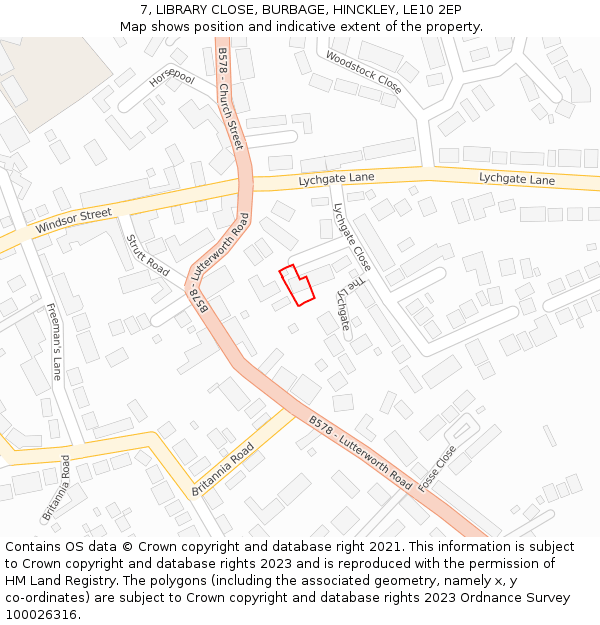 7, LIBRARY CLOSE, BURBAGE, HINCKLEY, LE10 2EP: Location map and indicative extent of plot