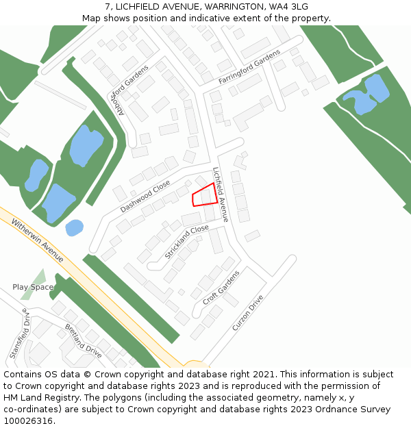 7, LICHFIELD AVENUE, WARRINGTON, WA4 3LG: Location map and indicative extent of plot