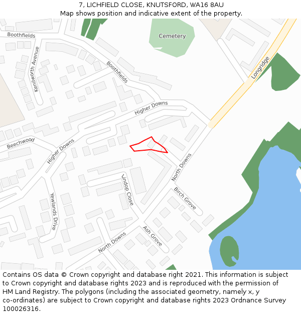 7, LICHFIELD CLOSE, KNUTSFORD, WA16 8AU: Location map and indicative extent of plot