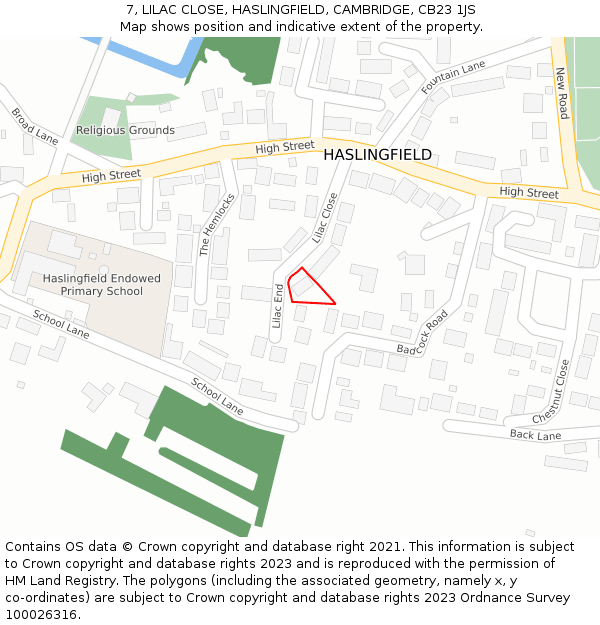 7, LILAC CLOSE, HASLINGFIELD, CAMBRIDGE, CB23 1JS: Location map and indicative extent of plot