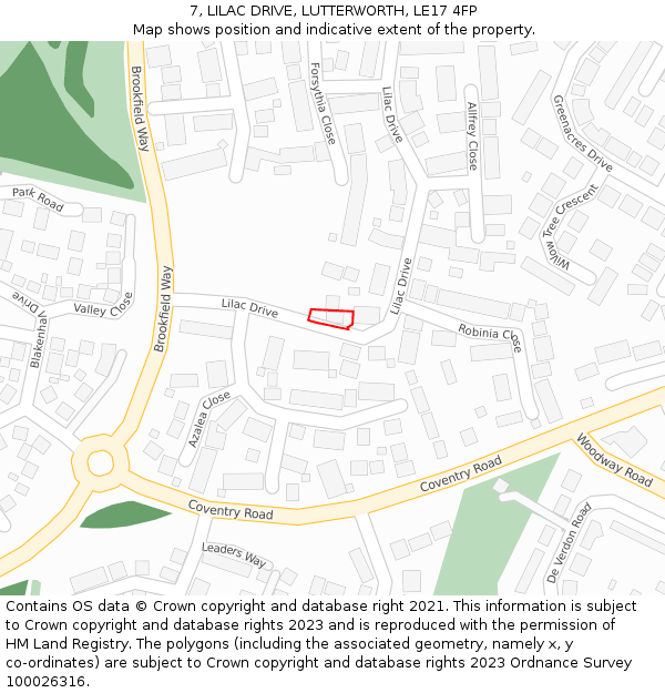 7, LILAC DRIVE, LUTTERWORTH, LE17 4FP: Location map and indicative extent of plot