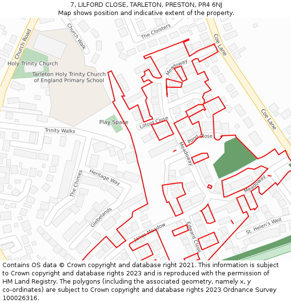 7, LILFORD CLOSE, TARLETON, PRESTON, PR4 6NJ: Location map and indicative extent of plot