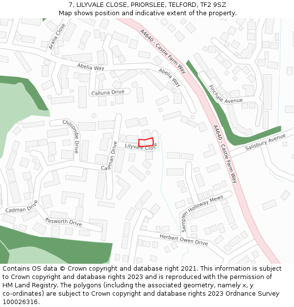 7, LILYVALE CLOSE, PRIORSLEE, TELFORD, TF2 9SZ: Location map and indicative extent of plot