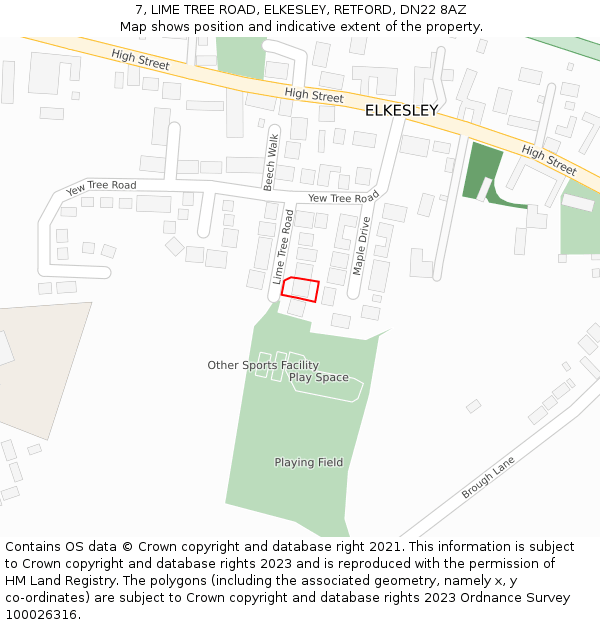 7, LIME TREE ROAD, ELKESLEY, RETFORD, DN22 8AZ: Location map and indicative extent of plot