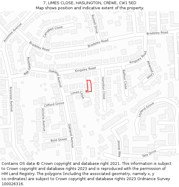 7, LIMES CLOSE, HASLINGTON, CREWE, CW1 5ED: Location map and indicative extent of plot