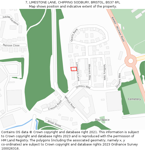 7, LIMESTONE LANE, CHIPPING SODBURY, BRISTOL, BS37 6FL: Location map and indicative extent of plot