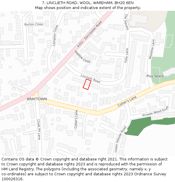 7, LINCLIETH ROAD, WOOL, WAREHAM, BH20 6EN: Location map and indicative extent of plot