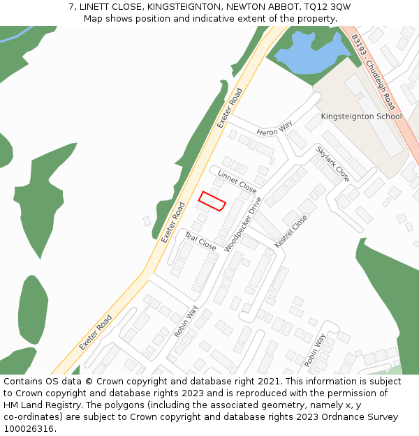 7, LINETT CLOSE, KINGSTEIGNTON, NEWTON ABBOT, TQ12 3QW: Location map and indicative extent of plot