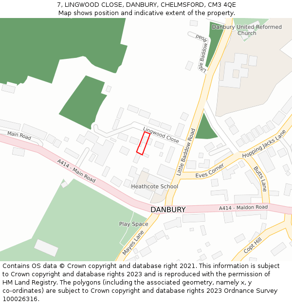 7, LINGWOOD CLOSE, DANBURY, CHELMSFORD, CM3 4QE: Location map and indicative extent of plot