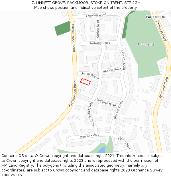 7, LINNETT GROVE, PACKMOOR, STOKE-ON-TRENT, ST7 4GH: Location map and indicative extent of plot