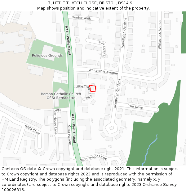 7, LITTLE THATCH CLOSE, BRISTOL, BS14 9HH: Location map and indicative extent of plot