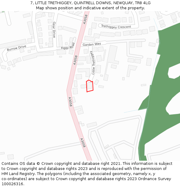 7, LITTLE TRETHIGGEY, QUINTRELL DOWNS, NEWQUAY, TR8 4LG: Location map and indicative extent of plot
