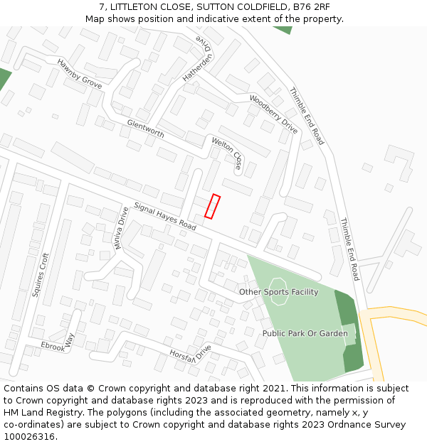 7, LITTLETON CLOSE, SUTTON COLDFIELD, B76 2RF: Location map and indicative extent of plot