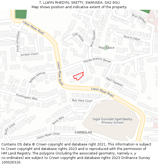 7, LLWYN RHEDYN, SKETTY, SWANSEA, SA2 9GU: Location map and indicative extent of plot