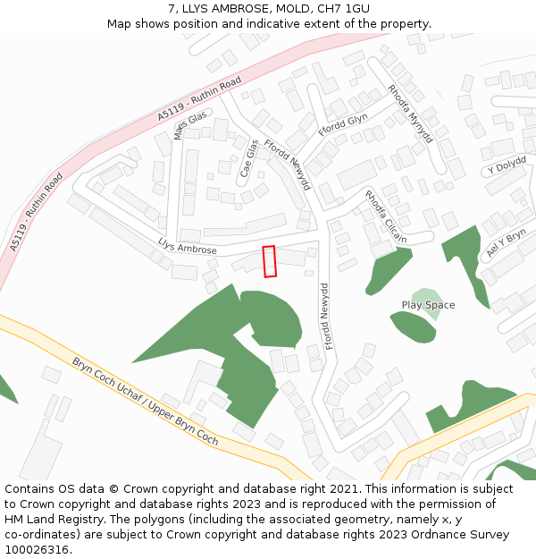 7, LLYS AMBROSE, MOLD, CH7 1GU: Location map and indicative extent of plot