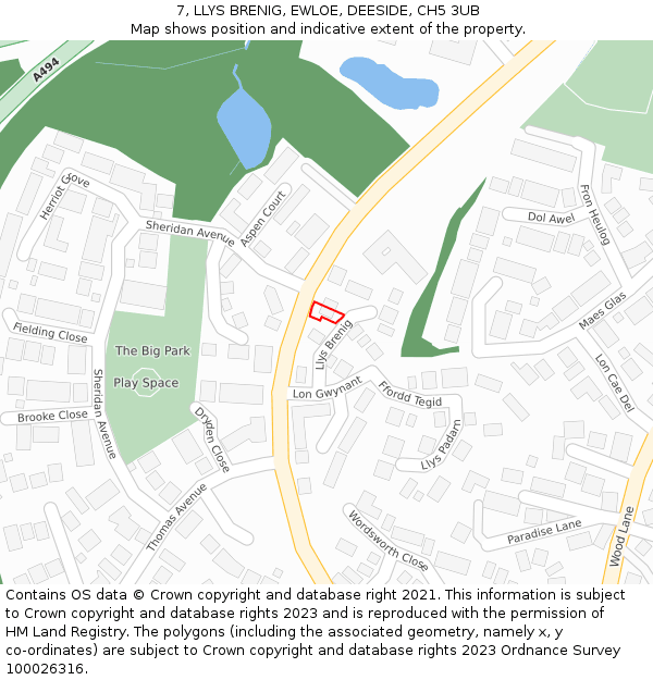 7, LLYS BRENIG, EWLOE, DEESIDE, CH5 3UB: Location map and indicative extent of plot