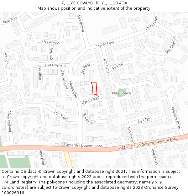 7, LLYS COWLYD, RHYL, LL18 4DX: Location map and indicative extent of plot