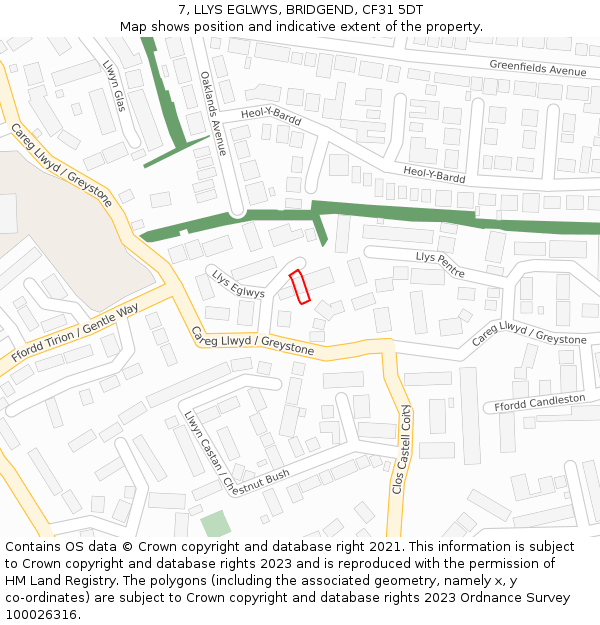 7, LLYS EGLWYS, BRIDGEND, CF31 5DT: Location map and indicative extent of plot
