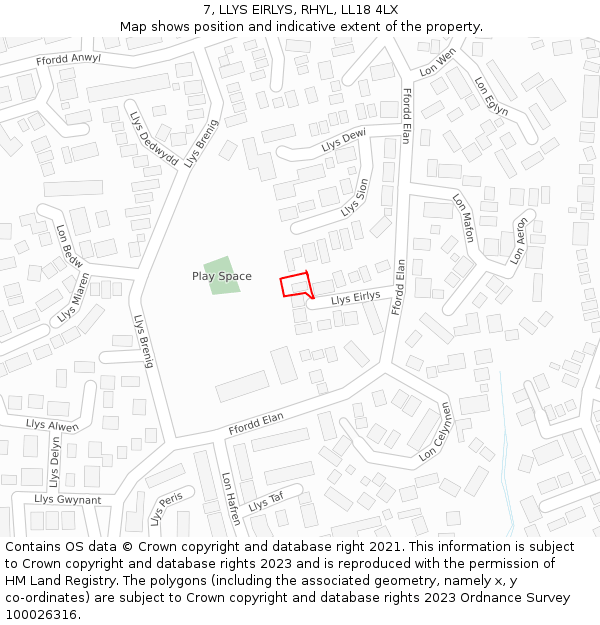 7, LLYS EIRLYS, RHYL, LL18 4LX: Location map and indicative extent of plot