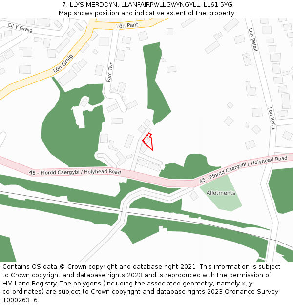 7, LLYS MERDDYN, LLANFAIRPWLLGWYNGYLL, LL61 5YG: Location map and indicative extent of plot