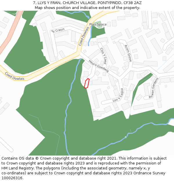 7, LLYS Y FRAN, CHURCH VILLAGE, PONTYPRIDD, CF38 2AZ: Location map and indicative extent of plot