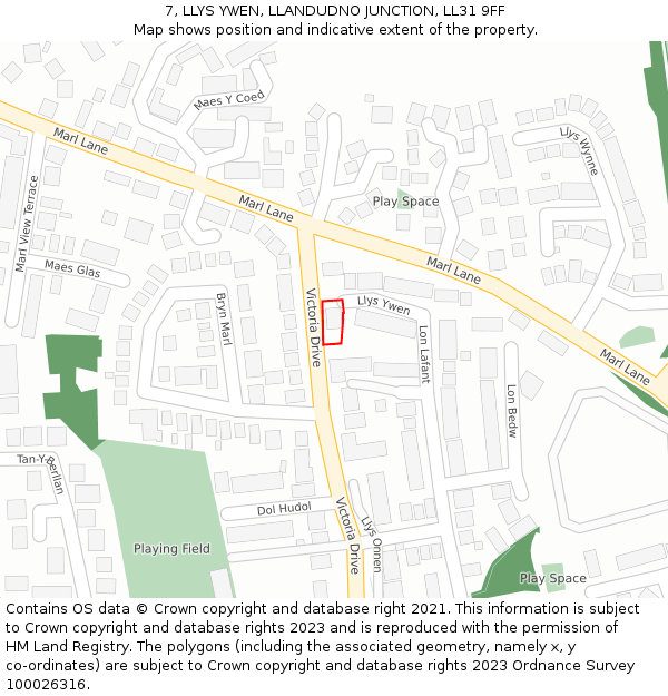 7, LLYS YWEN, LLANDUDNO JUNCTION, LL31 9FF: Location map and indicative extent of plot