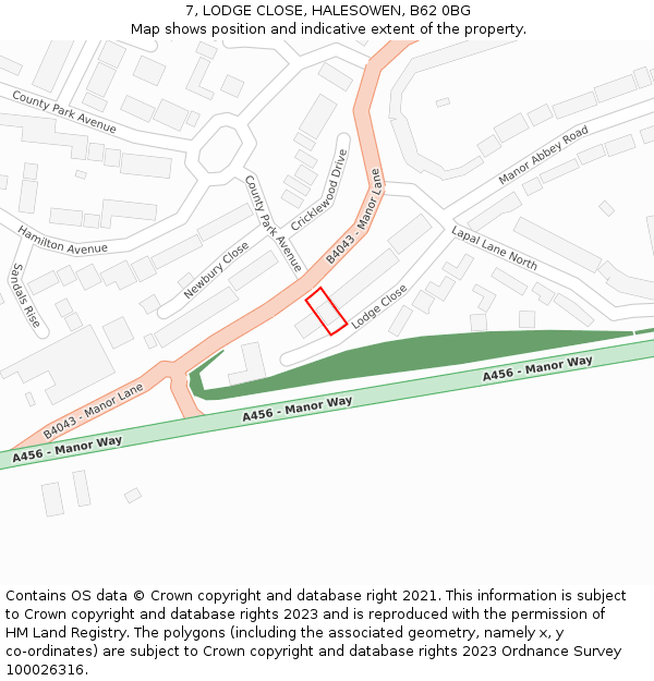 7, LODGE CLOSE, HALESOWEN, B62 0BG: Location map and indicative extent of plot